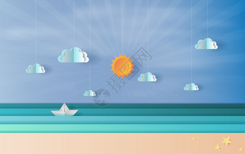 纸艺背景海上船只太阳云朵背景图片