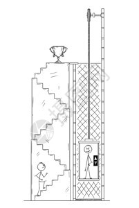 Cartoon棍子绘制男人或商上楼梯为赢家和奖杯而竞争者则使用电梯或成功和竞争的商业概念Man或商人的卡通为Winner和上楼梯图片