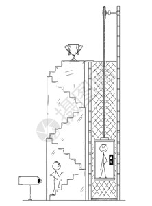 Cartoon棍子绘制男人或商上楼梯为赢家和奖杯而竞争者则使用电梯或成功和竞争的商业概念Man或商人的卡通为Winner和上楼梯背景图片