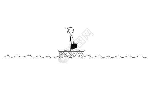 卡通棍在概念上展示了商人独自站在海洋中部的木筏上或无处寻求某种商业机会或危结束图片