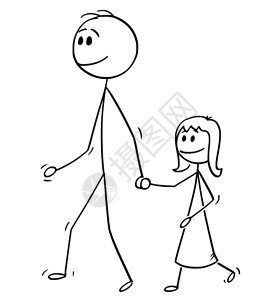 爸爸牵着女儿的手背影插画