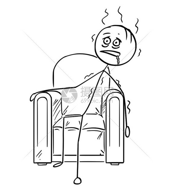 卡通棍绘制了精疲力尽的男子坐在扶椅上倒塌的概念说明图片