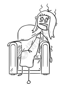 卡通棍描绘了精疲力尽的妇女坐在扶椅上倒塌的概念说明图片