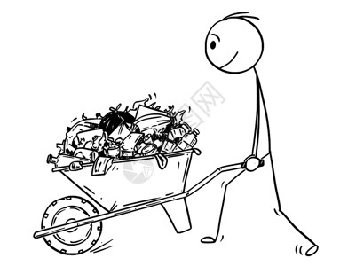 美味卡通卡通棍子绘制人类推车的全垃圾和概念插图Man推车的全垃圾卡通插画