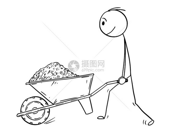 卡通棍绘制人类用沙土泥或推轮子的木板概念插图图片