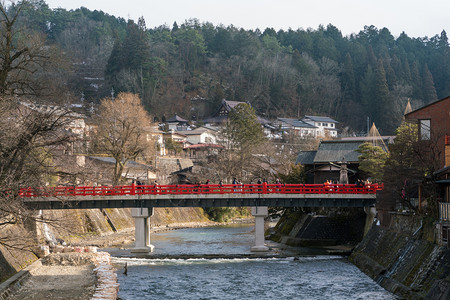 21世纪福克斯日本高山21世纪年06红中川大桥横渡宫河冬季有旅游客背景