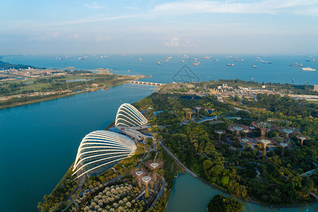 超级树林和花棚新加坡城玛丽娜湾海旁的花园中午空观光背景图片