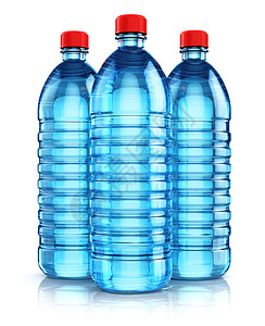 3D表示三组蓝色塑料瓶清晰净化的饮用碳水与白色背景隔开并产生反射效果图片