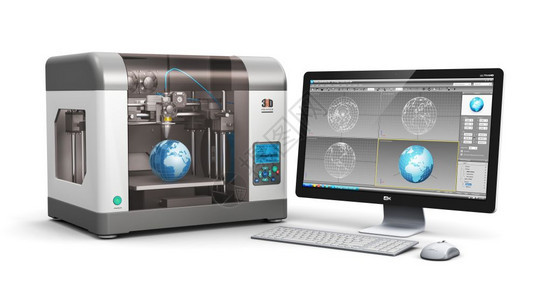 创意3DABS塑料印刷技术商业概念现代3D打印机和专业台式工作计算机3D设软件接口白背景隔离背景图片