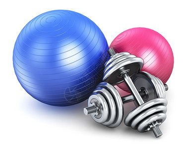 体育健身和康生活概念身球和一对白色背景隔离的闪亮金属哑铃图片