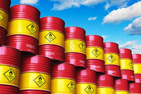 创意抽象石油和天然气工业制造和贸易商概念3D表示工业仓库与堆叠成的红色金属油桶或石对着蓝色云层的天空红金属桶或石油群图片