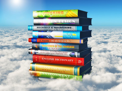 创意抽象科学知识和教育概念3D在云层上方的天空中展示一叠或堆彩色硬覆盖书图片