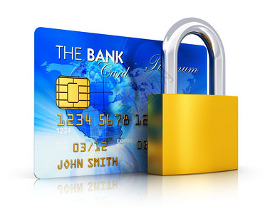 创意商业抽象银行金融货币安全在线购物和公司会计概念蓝信用卡带有铜锁或以白色背景孤立的钥匙锁具有反射效果图片