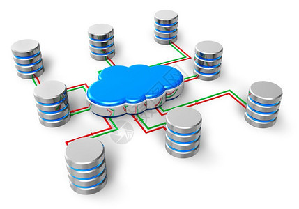 云计算数据库网络托管和互联商务电信概念一组金属硬磁盘驱动HDD图标与白背景孤立的蓝色云图标连接图片