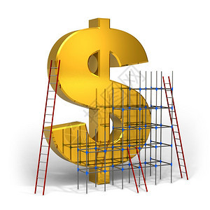 创造金钱概念用脚架和白色背景孤立的梯子黄金美元标志图片