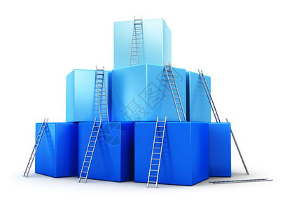 创意式抽象商业进步发展成功领导和竞争概念蓝色立方体组合梯子孤立在白色背景上图片