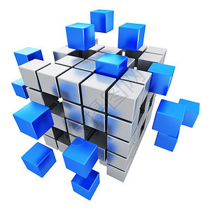 创造抽象商业团队精神互联网和通信概念金属立方结构将蓝色金属立方体组装在白色背景上背景图片