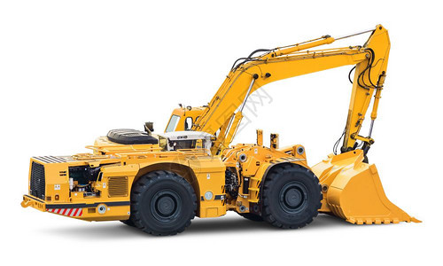 建筑道路工程和建筑业设备概念白色背景隔离的大型重黄色工业液压轮式挖掘机或推土图片