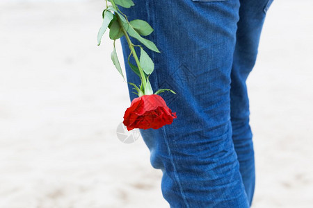 男人背着玫瑰等待爱约会在海滩上浪漫的惊喜约会在海滩上图片