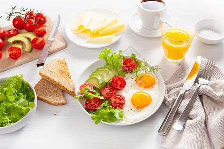 健康早餐鸡蛋鳄梨番茄吐司和咖啡图片