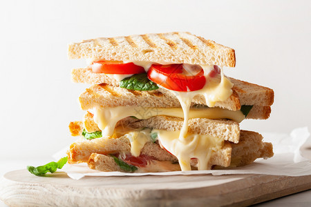 白色背景的烤奶酪和番茄三明治图片