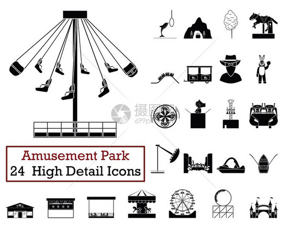 一组24张悬浮公园图标单色颜设计矢量图示图片