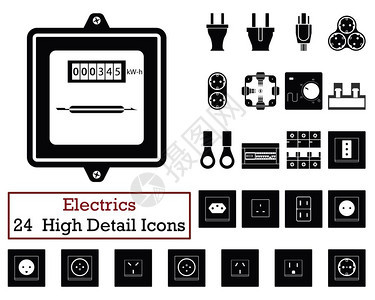 一组24个电气图标单色颜设计矢量插图图片