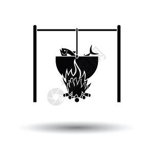 火和渔锅图标白色背景和影子设计矢量插图图片