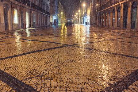 抗洪夜间城市天气暴雨街道灯光背景