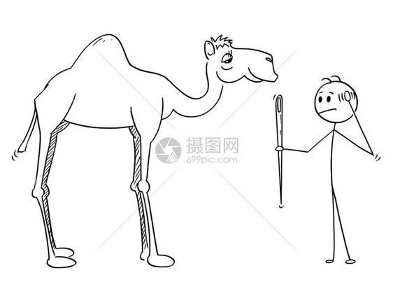 卡通火柴人握针看着骆驼矢量插图图片