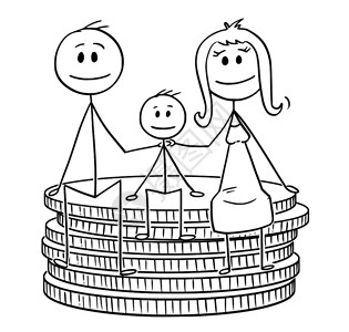 卡通棍绘制幸福家庭坐在一小堆硬币上的概念插图家庭财政和预算概念幸福家庭坐在一小堆硬币上卡通图片