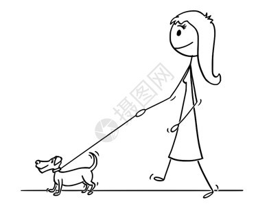 与小狗一起行走的妇女漫画图片