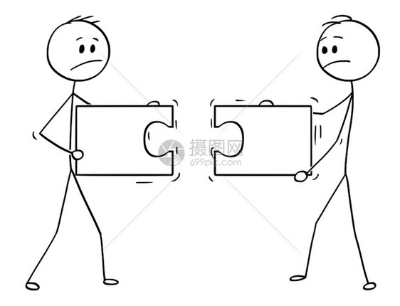 卡通棍棒人绘制两个商持有并试图连接两个不匹配的拼图概念插问题和故障的商业概念团队合作或图片