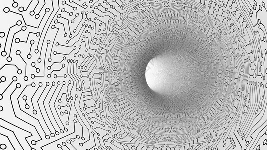 电路板图案纹理的高速公路白色隧道数字计算机技术概念的高科背景走向光线3D抽象插图图片