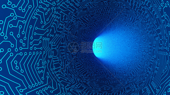 具有电路板图案纹理的高速公路上蓝色隧道数字计算机技术概念的高科背景正向灯光移动3D抽象插图图片
