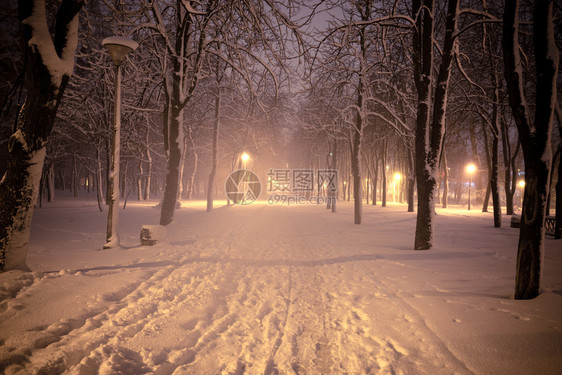 夜间冬季风景城市的雪小巷照亮公园图片