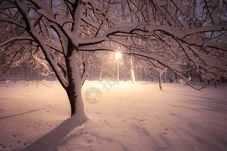 夜间冬季风景城市的雪小巷照亮公园图片