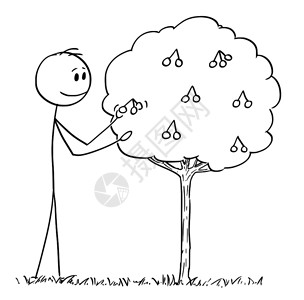 多利卡通棒描绘人类从小樱桃树或多利罗酸樱桃采摘水果的概念说明插画