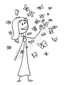 卡通棍描绘了快乐的笑容妇女或孩在周围享受着大量蝴蝶环绕她的快乐笑容概念说明白日梦或环境保护的概念快乐女人的卡通被蝴蝶环绕着她围图片