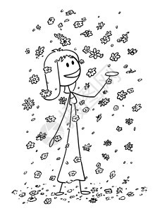卡通棒在概念上展示了快乐的笑容妇女或孩在享受被大量秋花朵和瓣包围的快乐微笑妇女或孩白日梦或环境保护的概念幸福女卡通被落花或朵包围图片