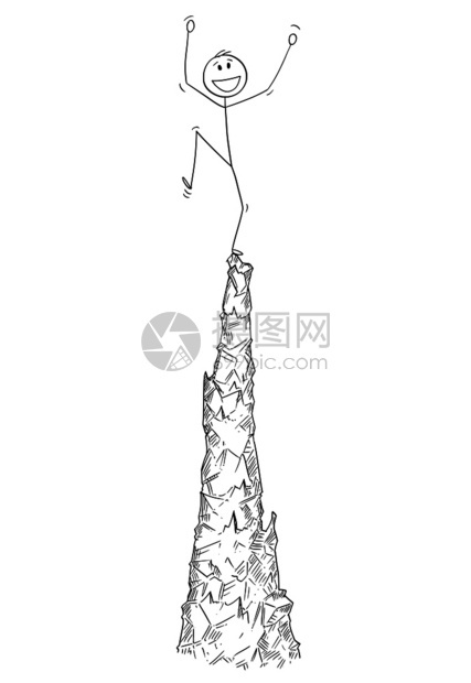 卡通插图描绘在悬崖或山顶庆祝成功的男人或商图片