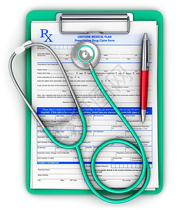 具有创意的抽象医疗生保险和药品概念3D将绿色剪贴板插上并配有蓝色处方药品报销表医学听诊器和红圆点笔将白背景隔离图片