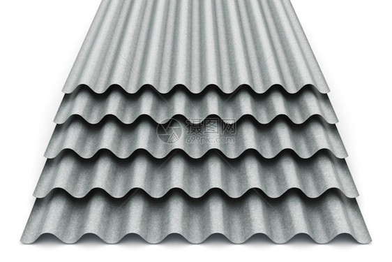 创意抽象3D表示屋顶和建筑工业的堆叠或一组金属钢锌镀板或的波浪成形剖面板以白色背景隔离图片