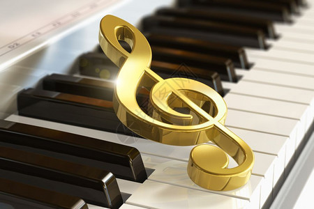 创意音乐概念有选择焦点效果的钢琴或合成器键盘上金光闪的字串宏观视图图片