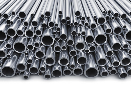具有创意的抽象重金属冶工业和制造企生产概念3D说明白背景分离的闪亮金属钢管堆积情况图片