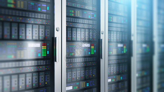 现代网络和互联电信技术大数据存储和云计算机服务业概念3D显示数据中心服务器室内部的宏观点有选择焦点效果背景
