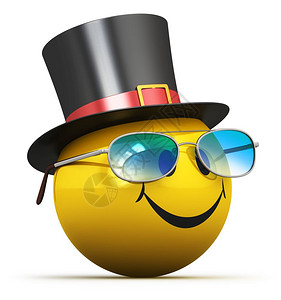 3D以黑色帽子微笑和白背景所孤立的蓝色时装眼镜来展示快乐的黄色笑脸面罩表情球图片