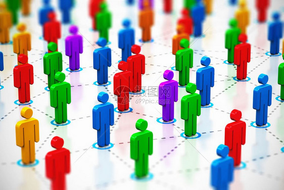 创造抽象社交网络互联媒体通信团队合作和伙伴关系公司商业概念通过有选择重点和反省效果连接网络的彩色人类数字群的宏观点图片