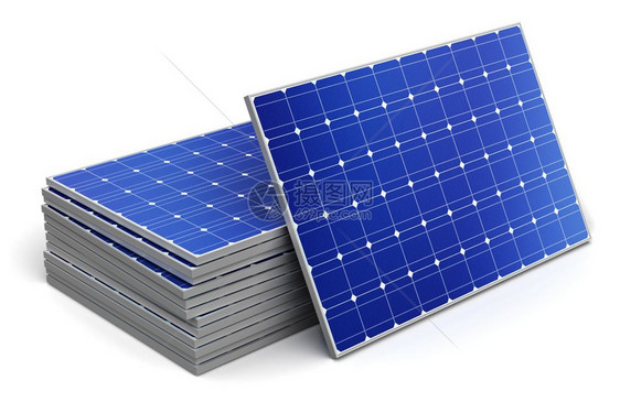 具有创意的抽象太阳能发电技术替代能源和环境保护生态商业概念3D为一组堆叠太阳能电池板提供示例以备安装和白底隔离置图片