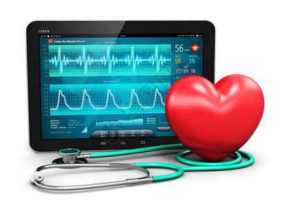 具有创意的抽象心血管保健医学和心脏病疾医疗工具技术概念白背景隔离在屏幕听诊镜和红心形上的有脏病诊断测试软件的平板电脑个人图片